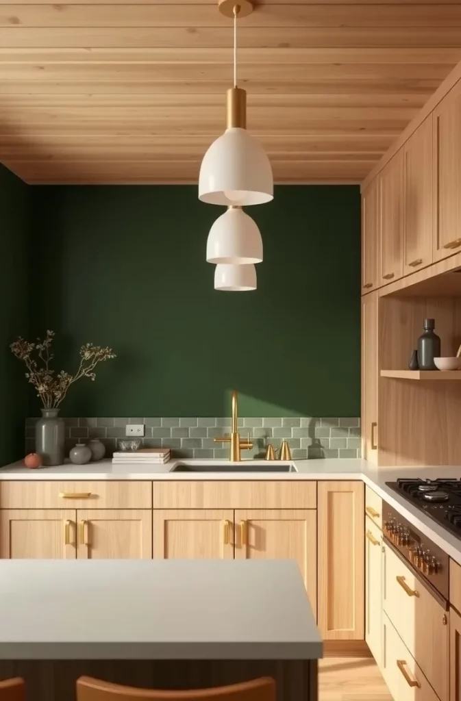 Forest Green Walls with Light Oak Cabinets