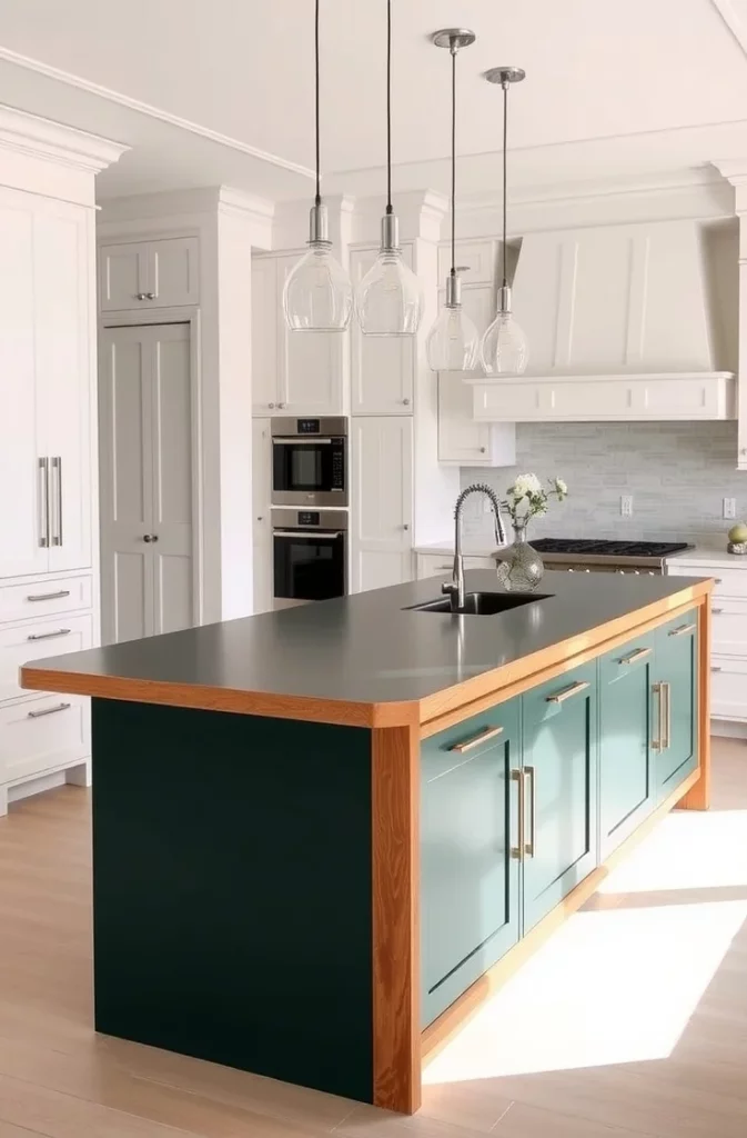 Hunter Green Kitchen Island with Honey Oak Perimeter