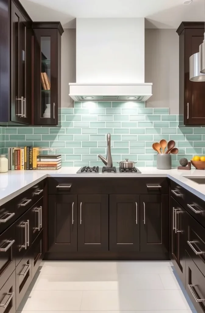 Mint Green Backsplash with Espresso Cabinets