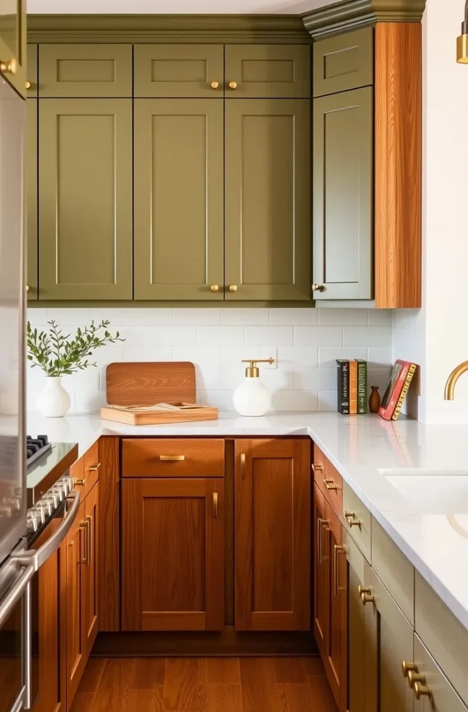Olive Green Upper Cabinets with Wood Lower Cabinets