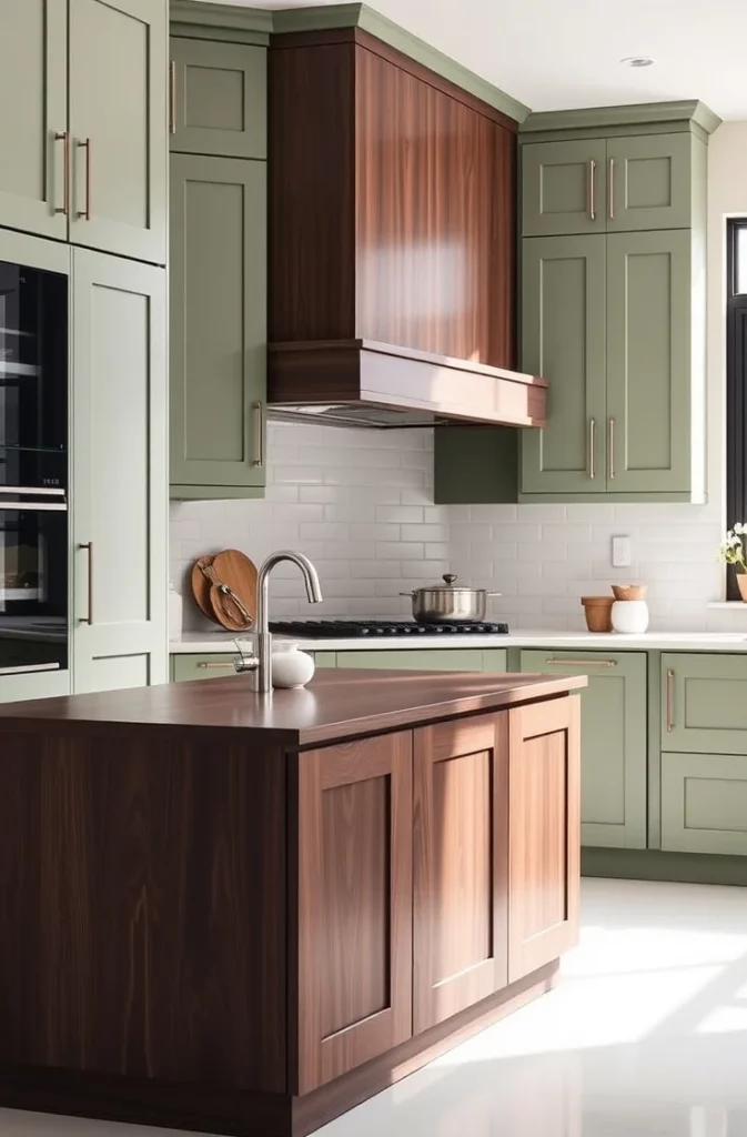 Sage Green Cabinets with Dark Walnut Island